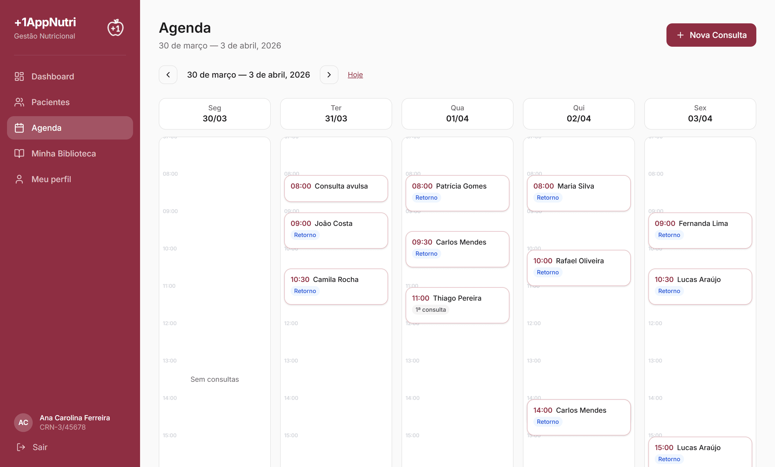 Tela de agenda com visão semanal de consultas